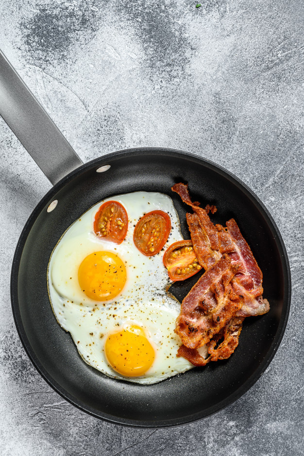 Bacon Keto Diet
 Fried eggs with bacon in a pan keto t keto breakfast