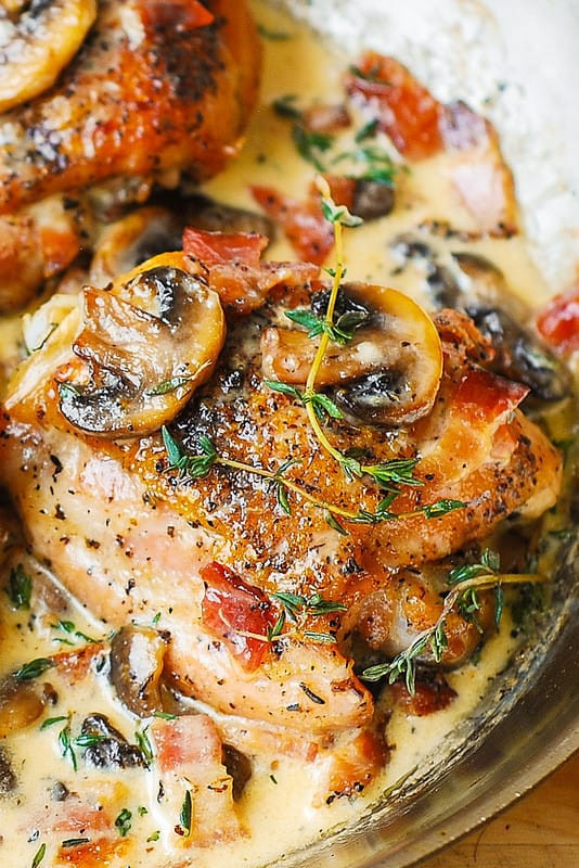 Baked Chicken With Mushroom Sauce
 Chicken Thighs with Creamy Bacon Mushroom Thyme Sauce