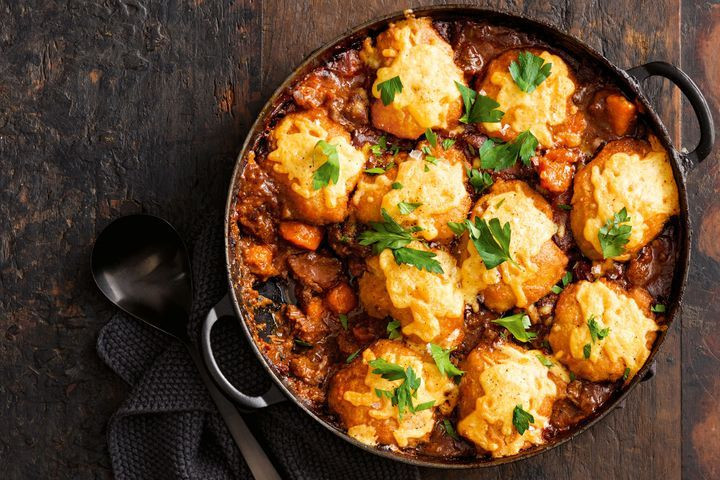 Beef Stew With Dumplings
 Classic beef and red wine stew with cheesy dumplings