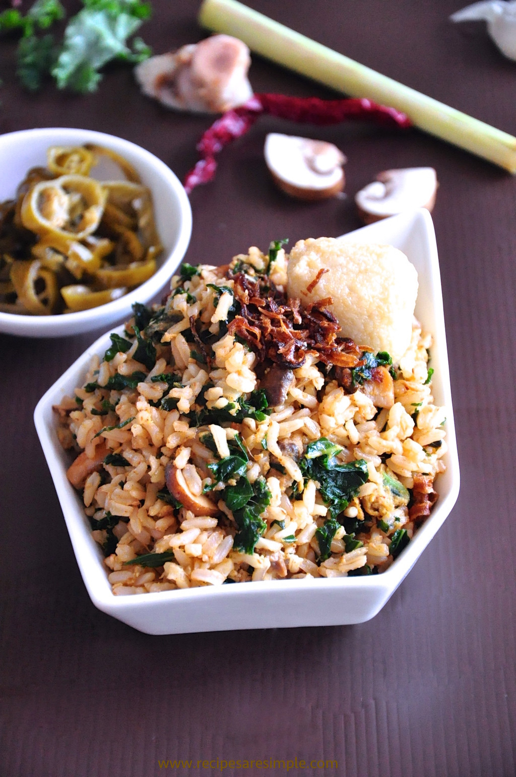 Brown Rice And Eggs
 Kale Fried Rice made with Brown Rice Egg and Mushrooms