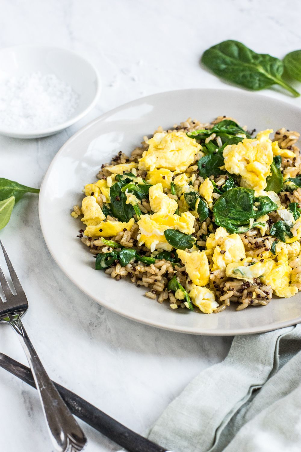Brown Rice And Eggs
 Brown Rice and Egg Breakfast Bowl with Spinach