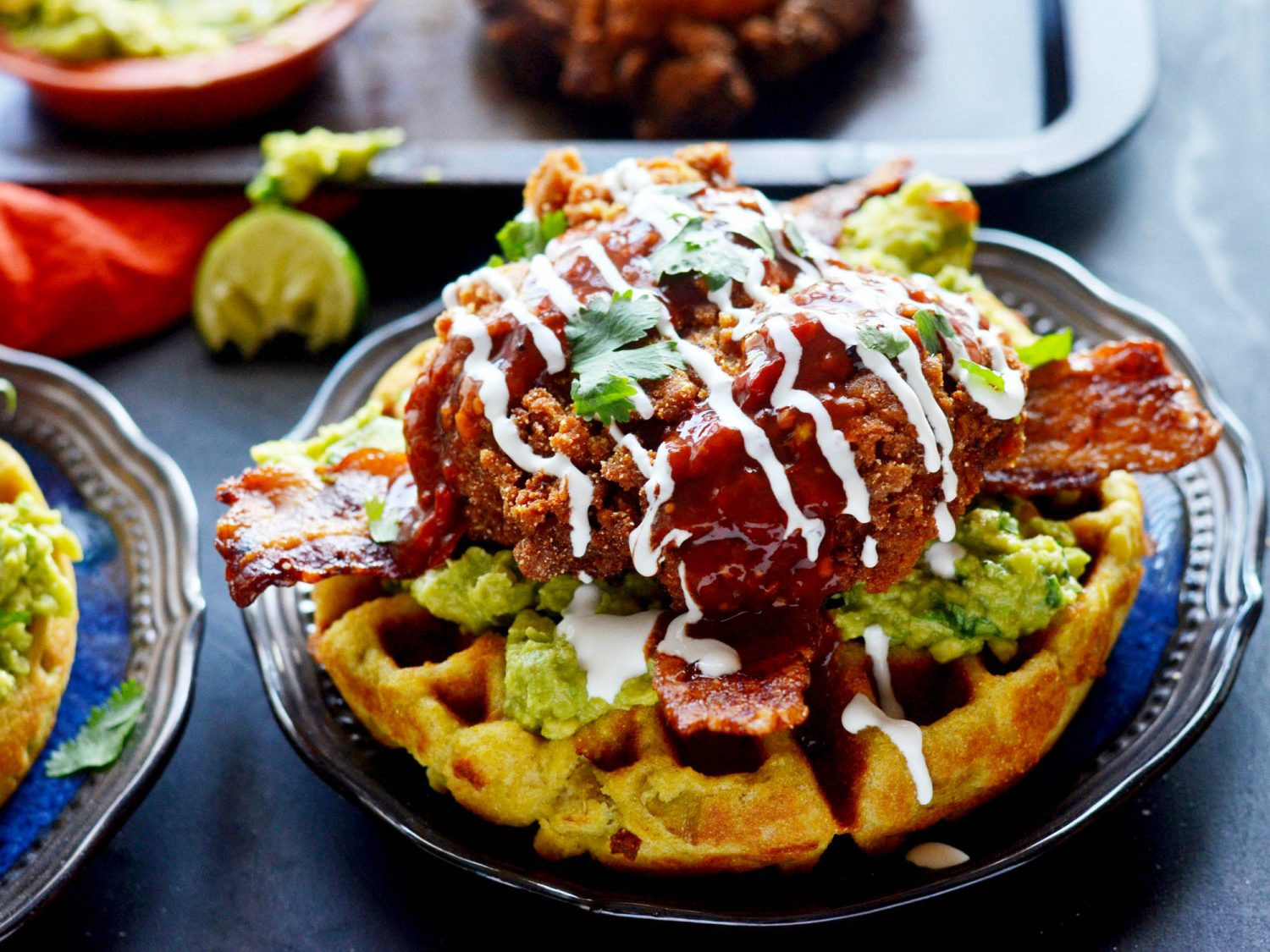 Chicken &amp; Waffles
 Fully Loaded Mexican Fried Chicken With Green Chili–Corn