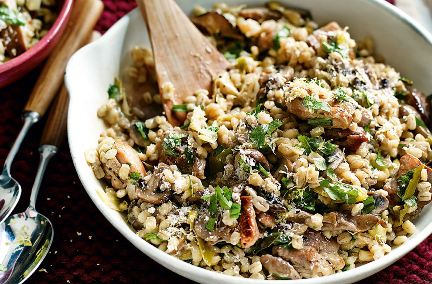 Chicken And Mushrooms Risotto
 Chicken and mushroom pearl barley risotto