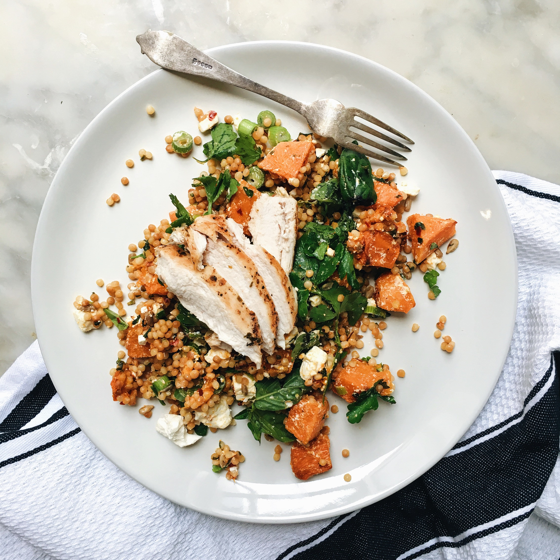 Chicken Breast Salad
 GRILLED CHICKEN BREAST WITH PEARL COUSCOUS FETA AND