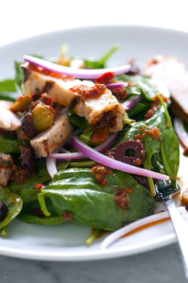 Chicken Spinach Salad
 Grilled Chicken Spinach Salad with Olive Pesto Dressing