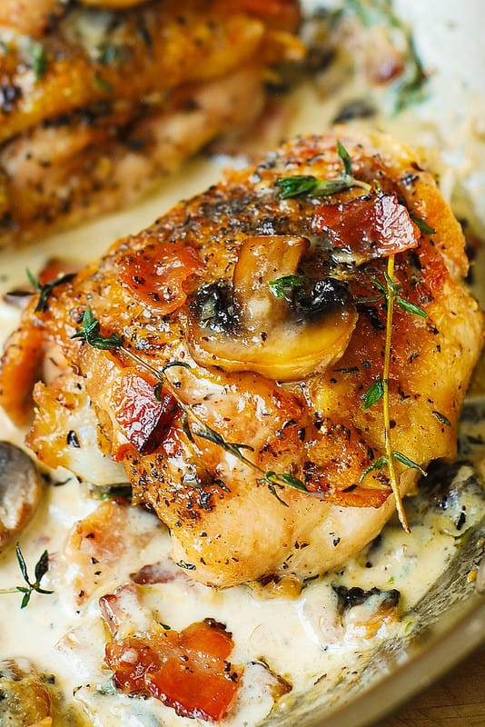 Chicken Thigh Dinner Recipes
 Chicken Thighs with Creamy Bacon Mushroom Thyme Sauce