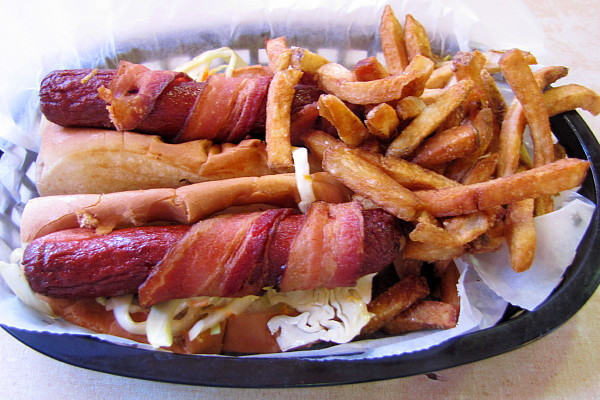 Deep Fried Bacon Wrapped Hot Dogs
 Deep Fried Bacon Wrapped Hot Dogs from The Farmers