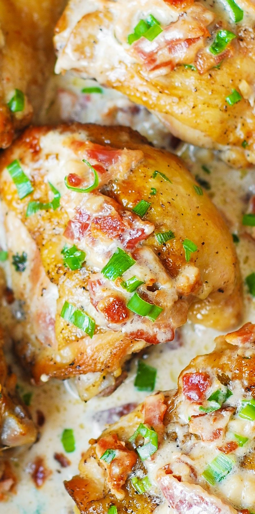 Deep Fried Chicken Thighs Bone In
 Pan fried chicken thighs in a creamy bacon sauce with a
