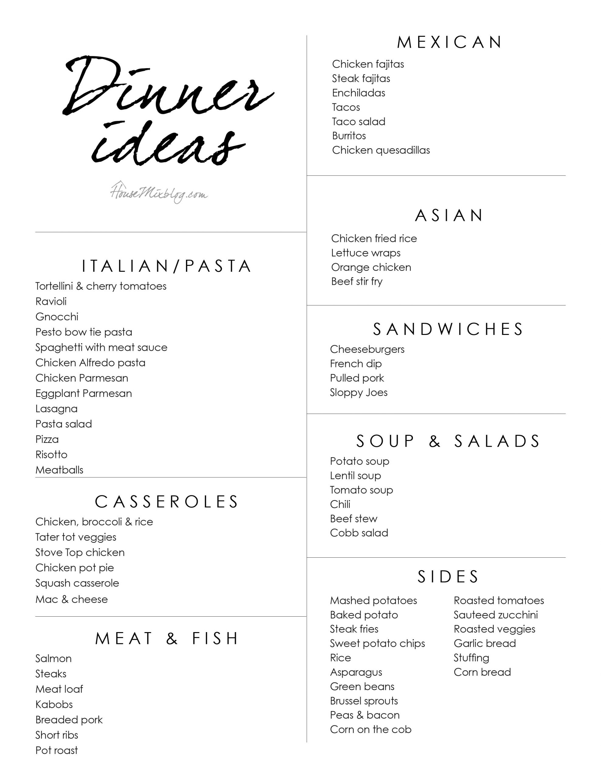 Dinner Menu Ideas
 Dinner idea list and menu