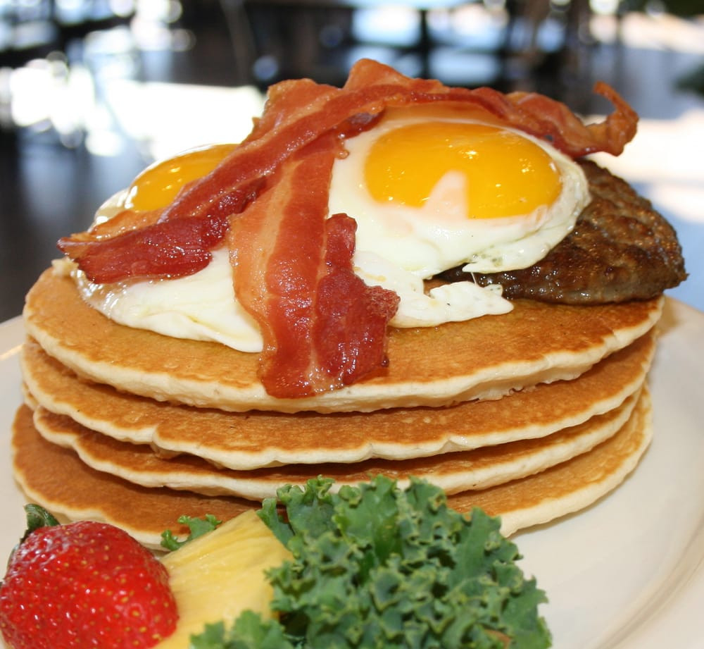 Eggs And Pancakes
 Pancake Breakfast Tower Stack of Pancakes two Bacon