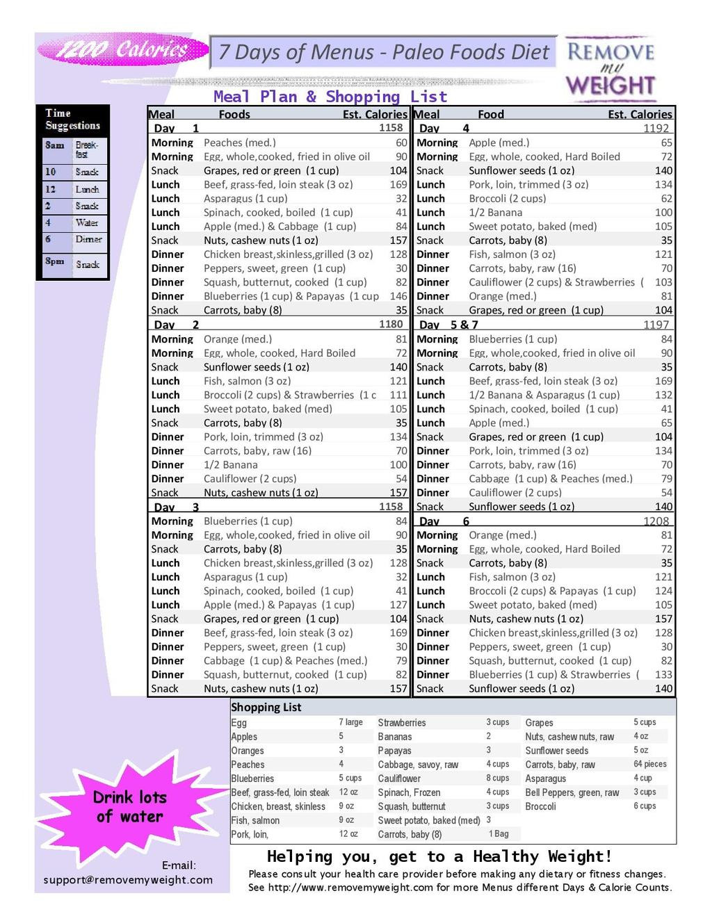 Free Paleo Diet Plan
 Printable 1000 Calorie Paleo Diet for 6 Days or less