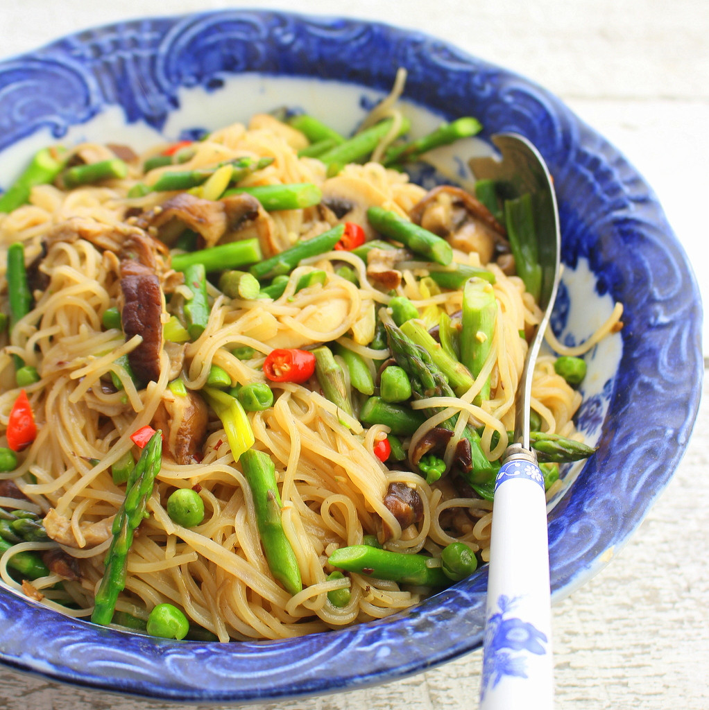 Fried Rice Noodles
 Fresh Rice Noodles with Mushrooms Asparagus and Peas