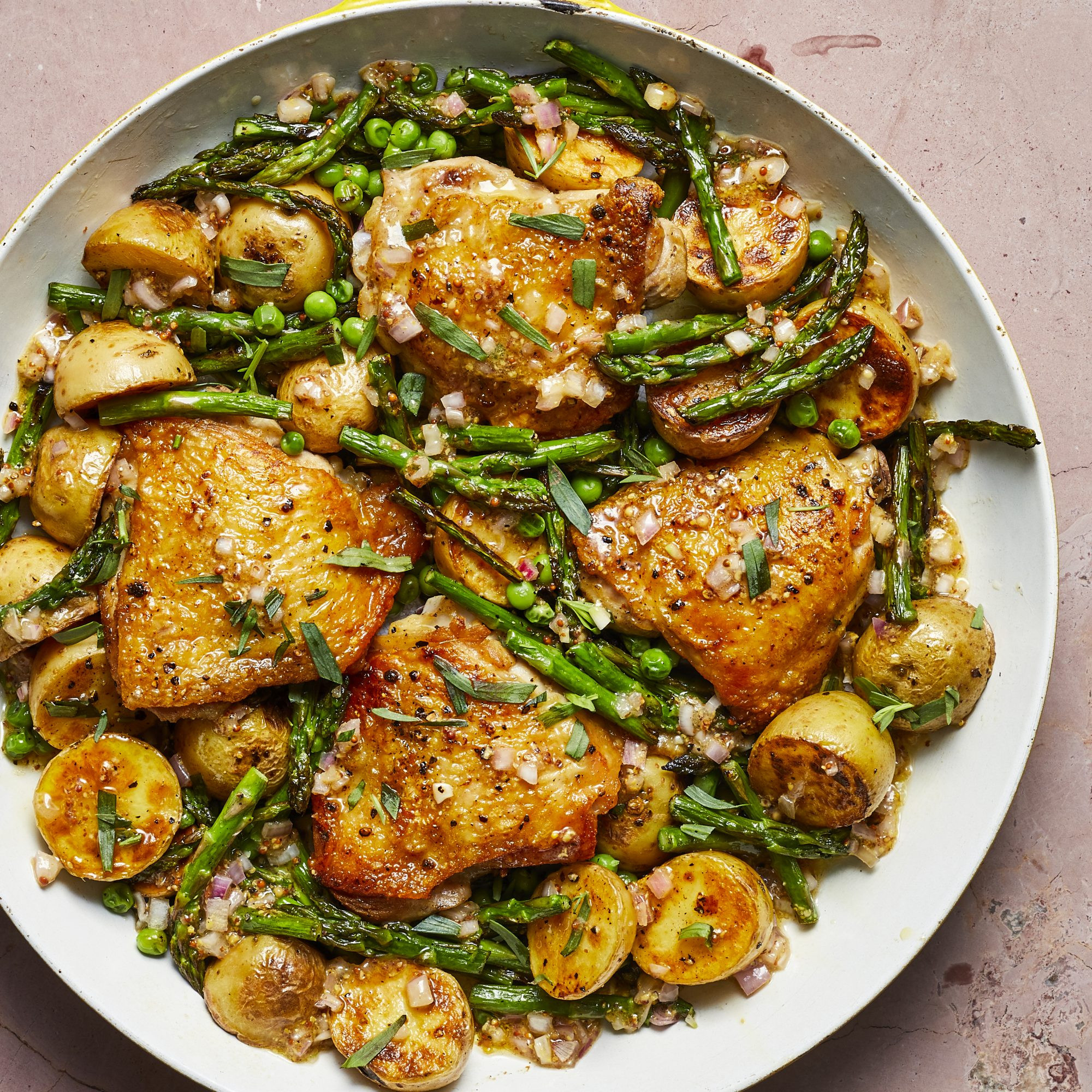 Good Dinners For Two
 Skillet Chicken Thighs with Spring Ve ables and Shallot