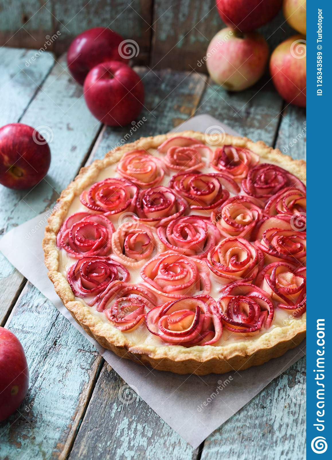 Gourmet Apple Pie
 Gourmet Apple Pie Open Pie With Red Apple Roses And Cream