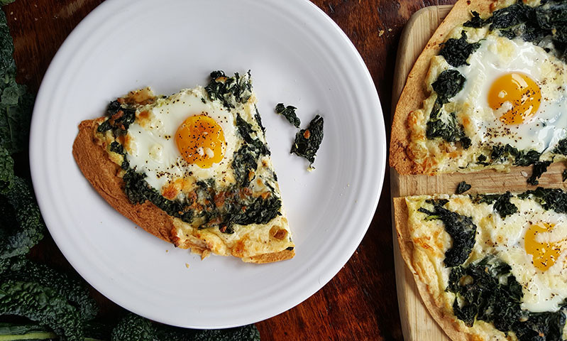 Healthy Breakfast Pizza
 Breakfast Pizza with Three Cheese Sausce & Kale Recipe