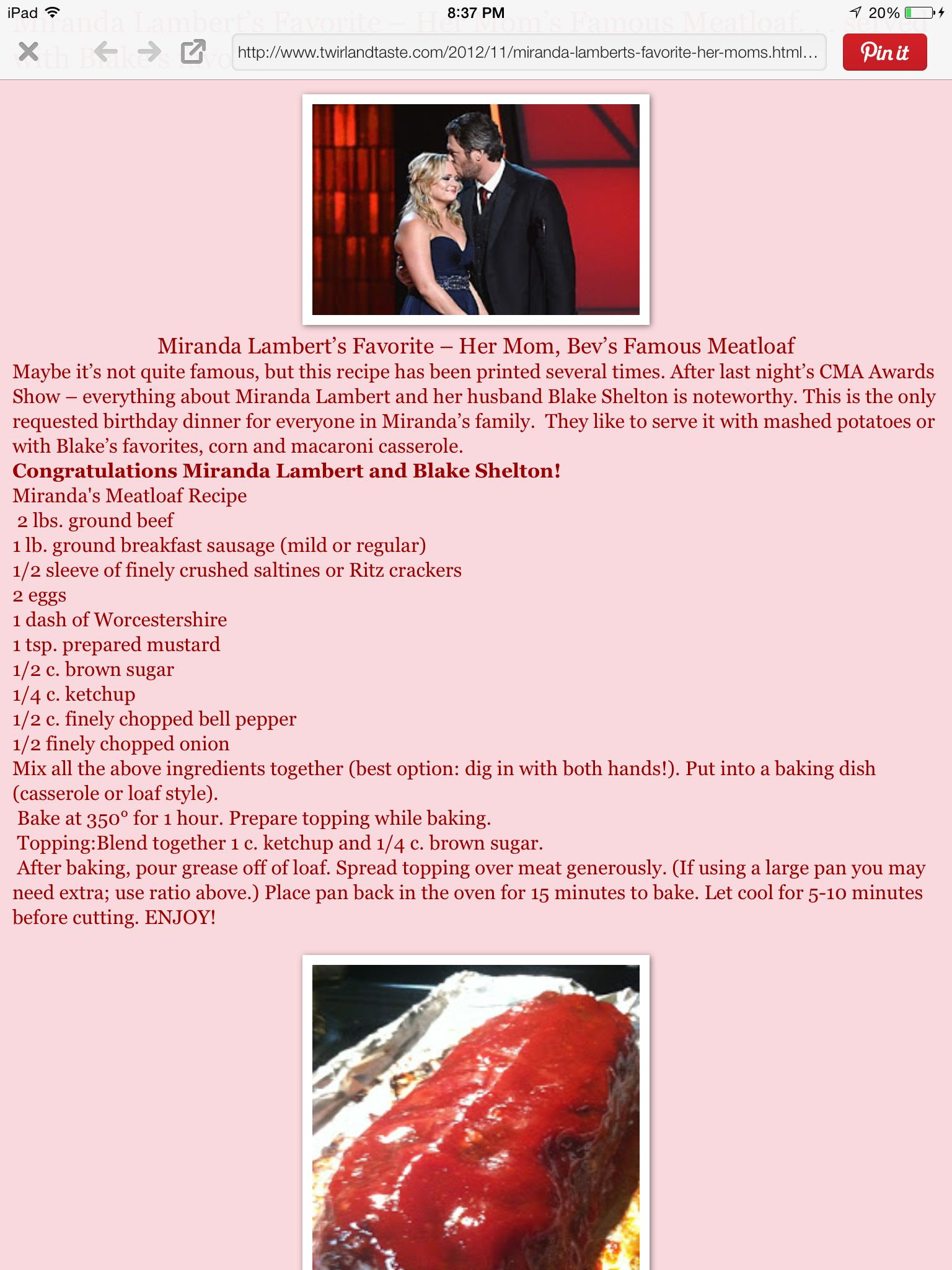 Miranda Lambert Meatloaf
 Miranda Lambert s favorite meatloaf