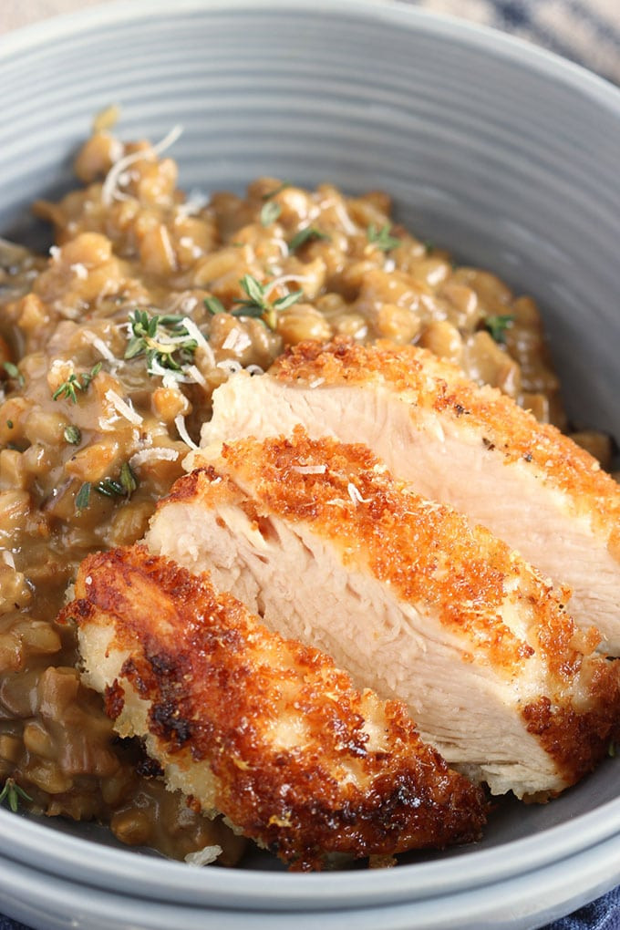 Mushroom Farro Risotto
 Mushroom Farro Risotto with Parmesan Crusted Chicken The