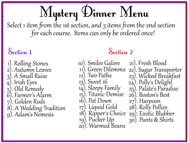 Mystery Dinner Ideas
 Mystery Dinner – Red Hats Victoria
