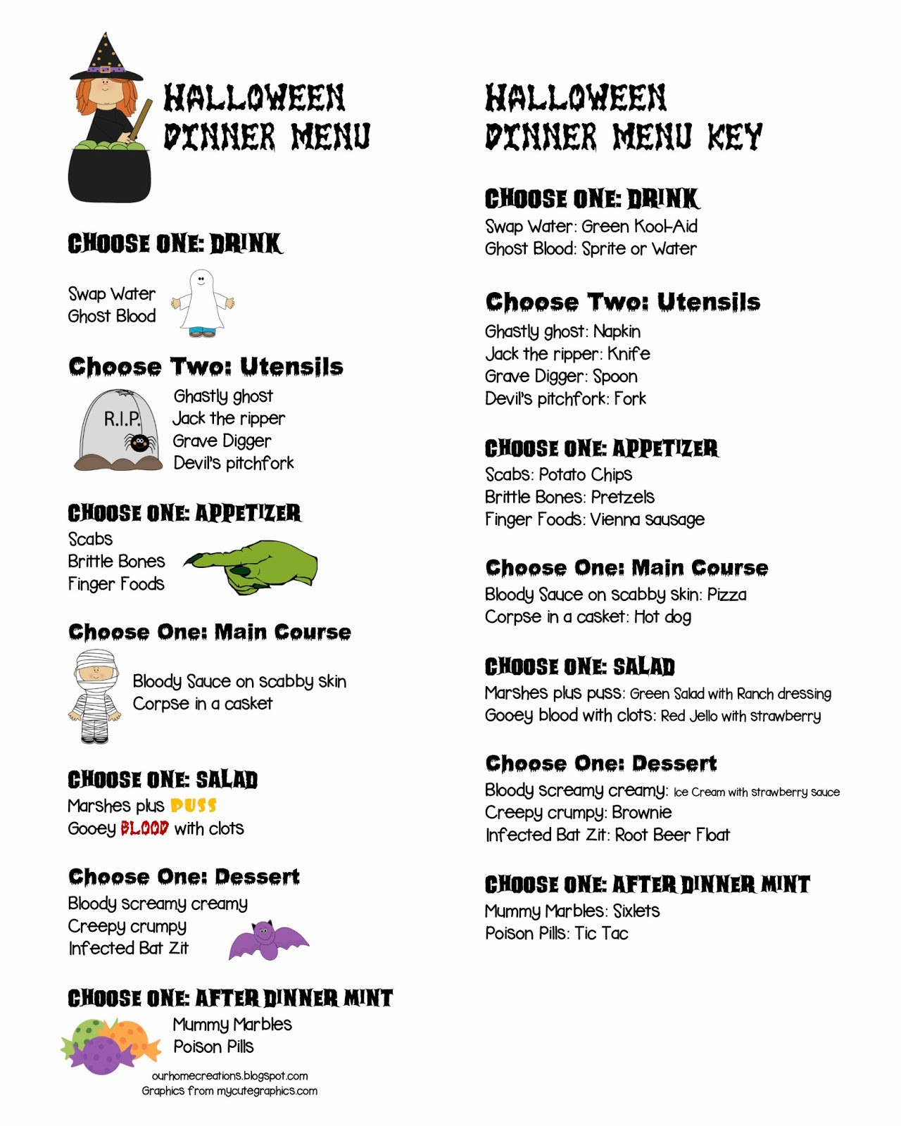 Mystery Dinner Ideas
 ourhomecreations Printable Halloween Dinner Menu