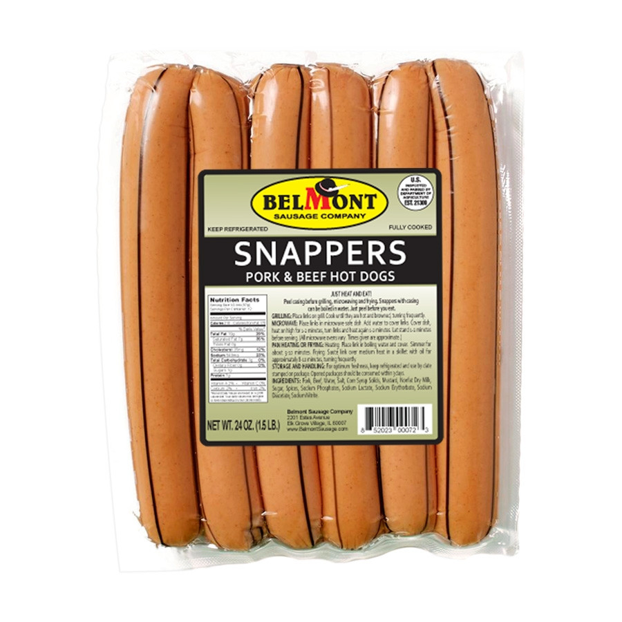 Pork Hot Dogs
 Snappers – Pork and Beef Hot Dogs 20 oz Belmont Sausage