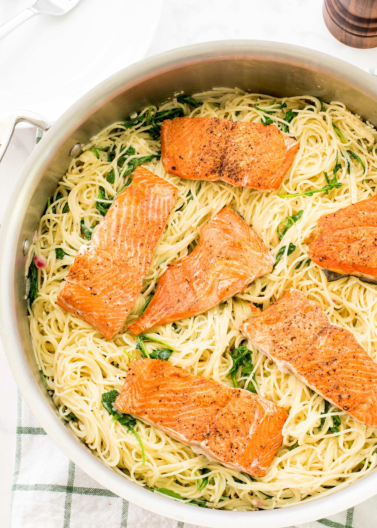 Salmon And Noodles
 Angel Hair Pasta with Salmon Arugula and Creamy Lemon