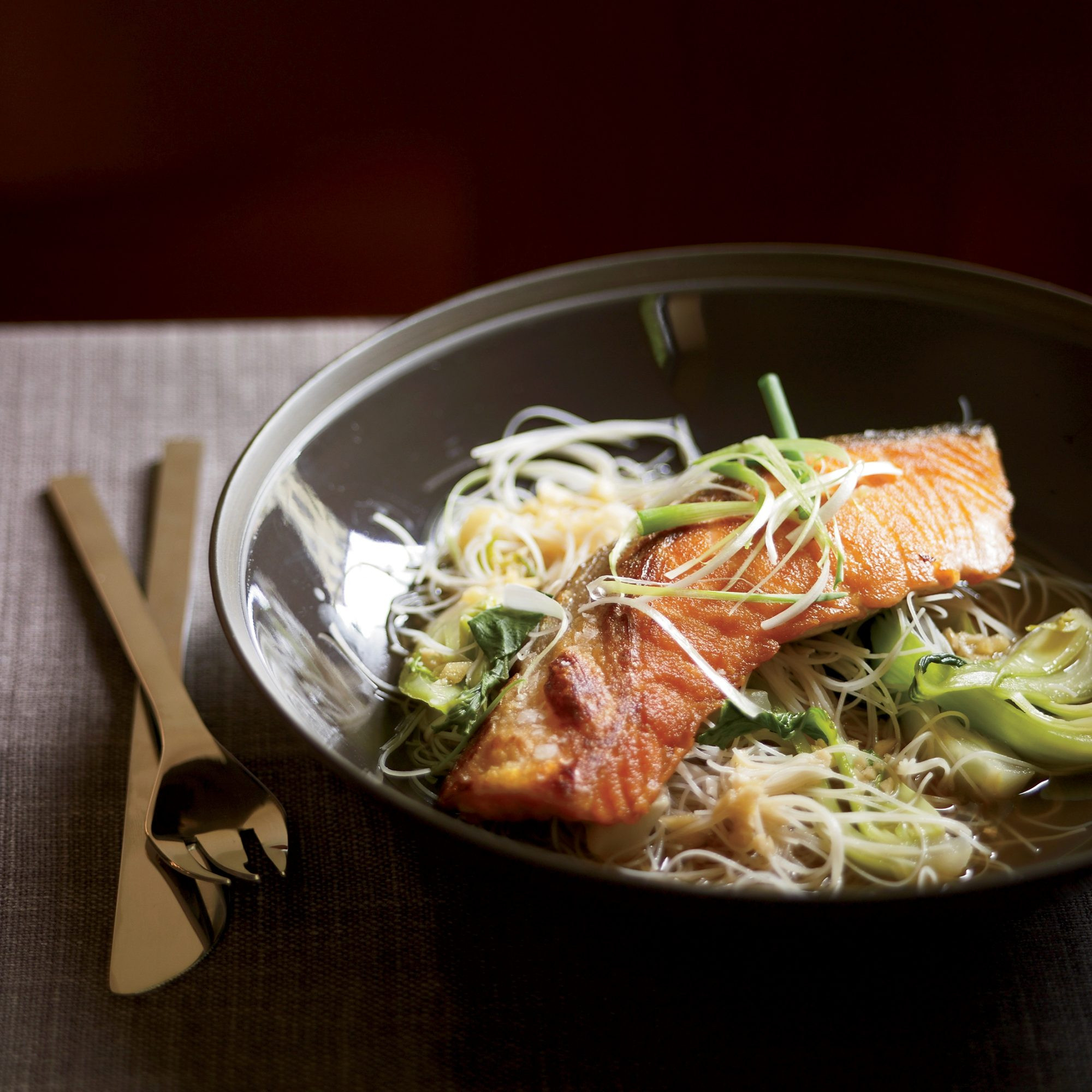 Salmon And Noodles
 Crisp Asian Salmon with Bok Choy and Rice Noodles Recipe