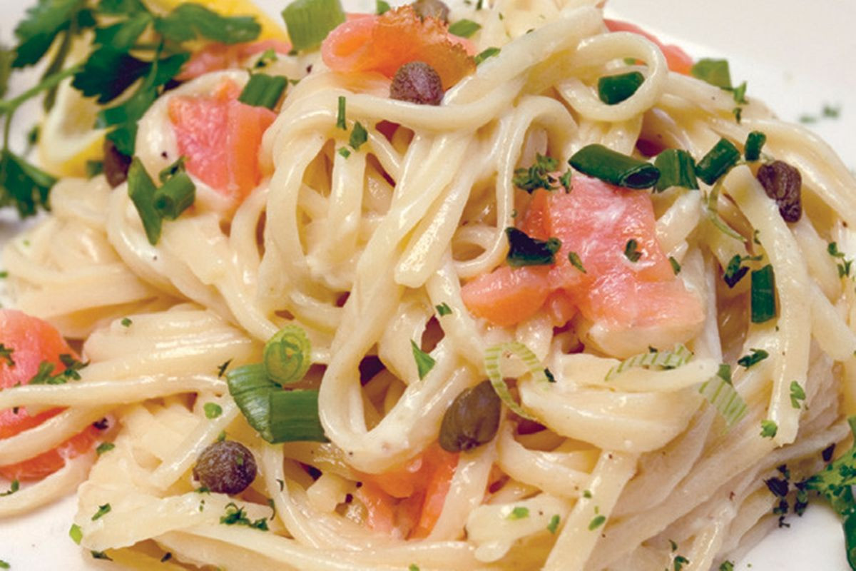 Salmon And Noodles
 Pasta with smoked salmon in vodka and caper sauce