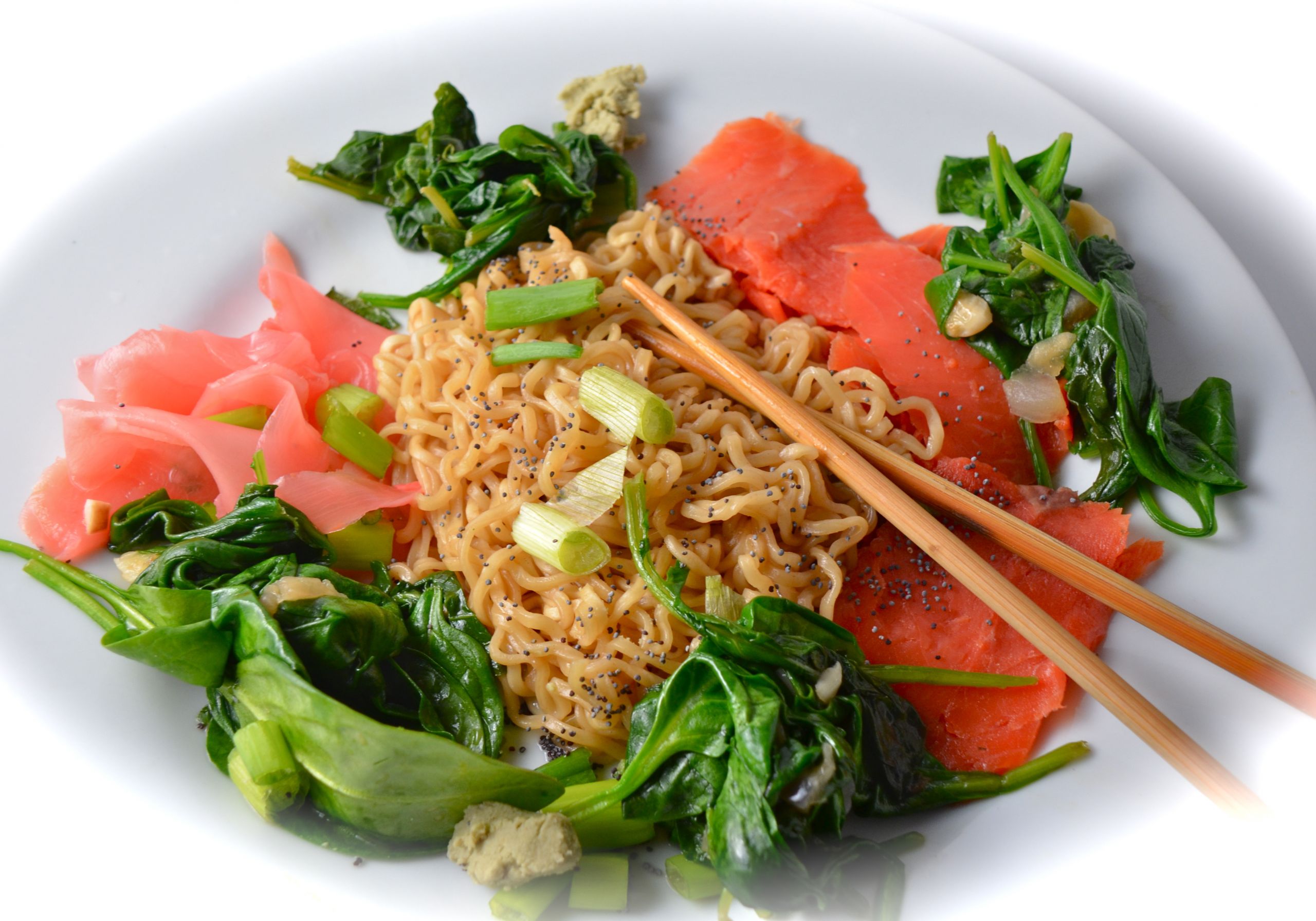 Salmon And Noodles
 Smoked Salmon Ramen Noodles With Sautéed Kale And Spinach