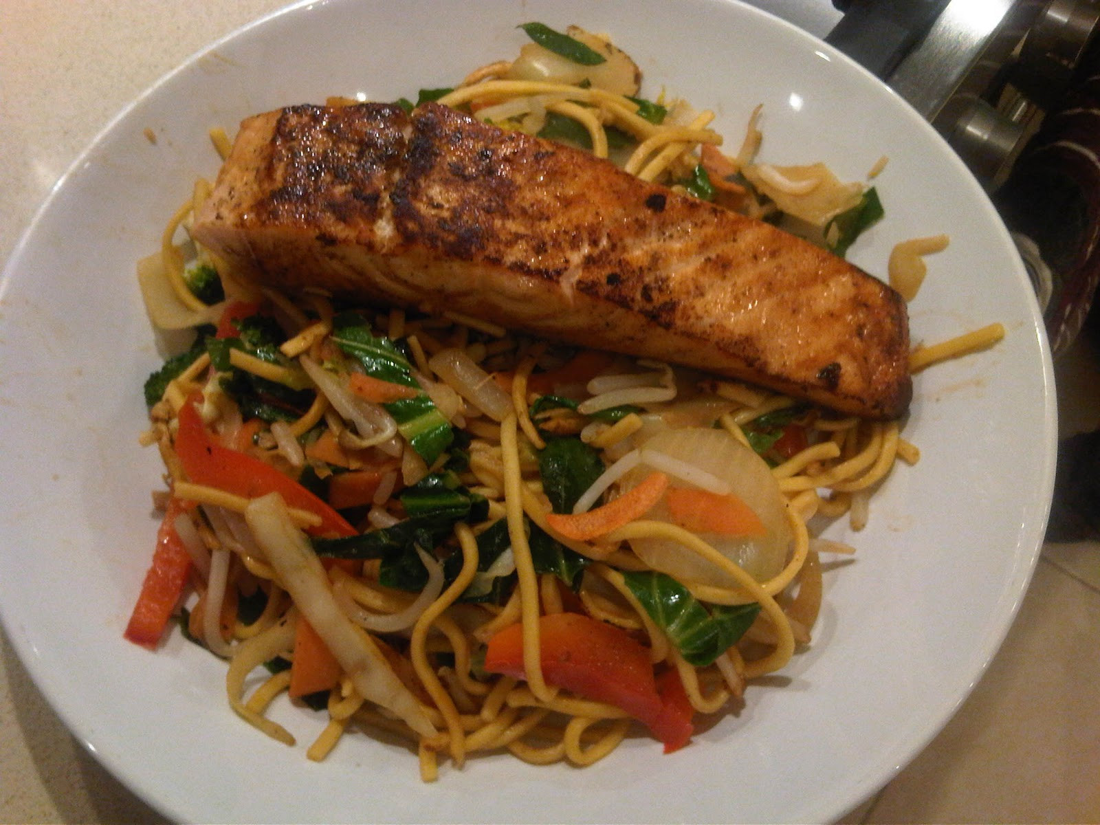 Salmon And Noodles
 The Student Chef Grilled Salmon with noodles and stir