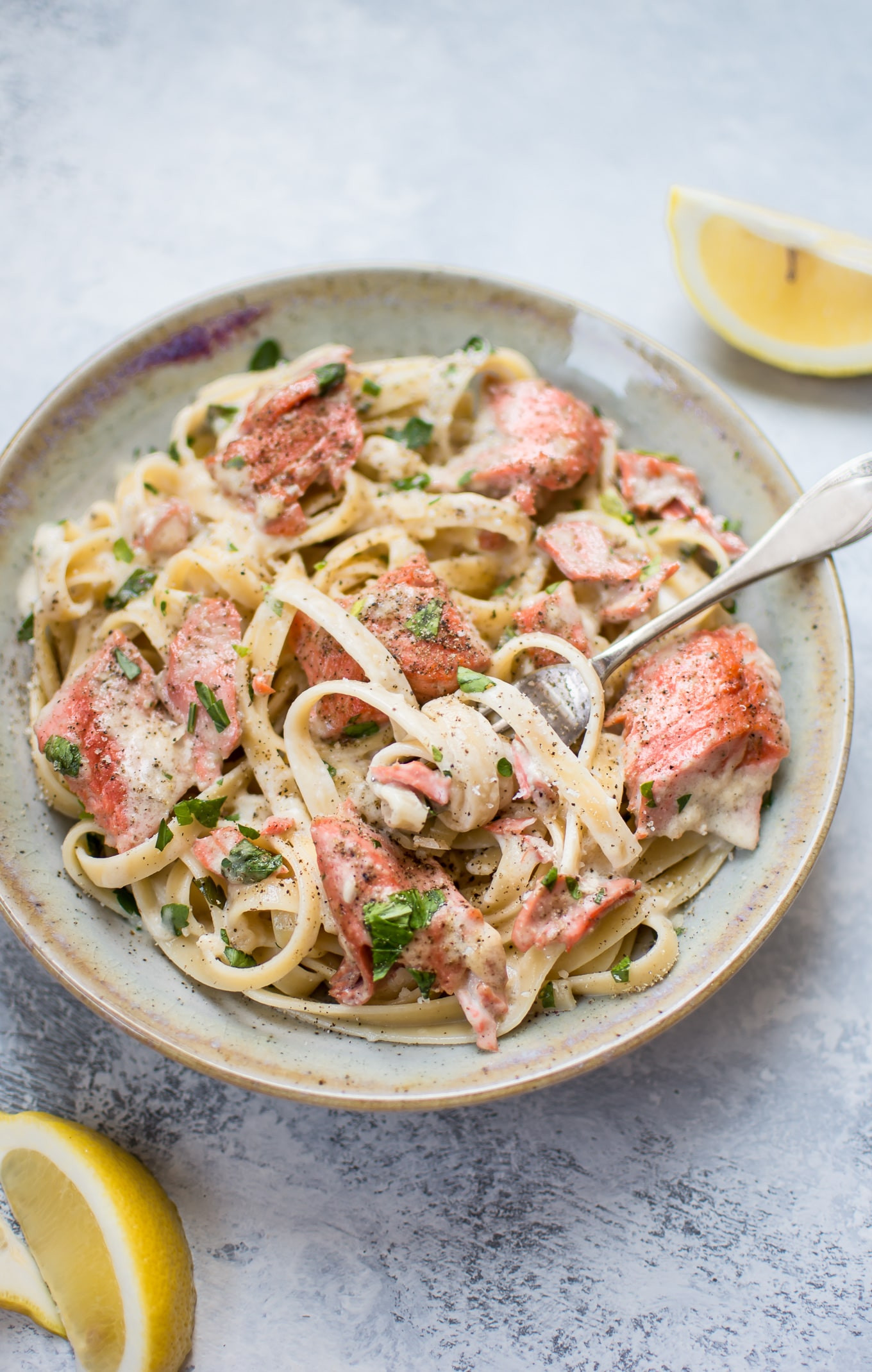 Salmon And Noodles
 Salmon Pasta with a Creamy Garlic Sauce • Salt & Lavender