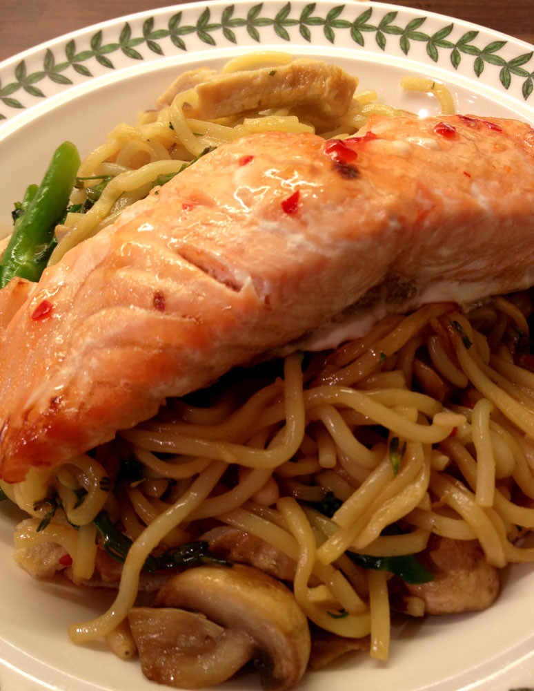 Salmon And Noodles
 Salmon and Noodle Sweet Chilli Stir Fry