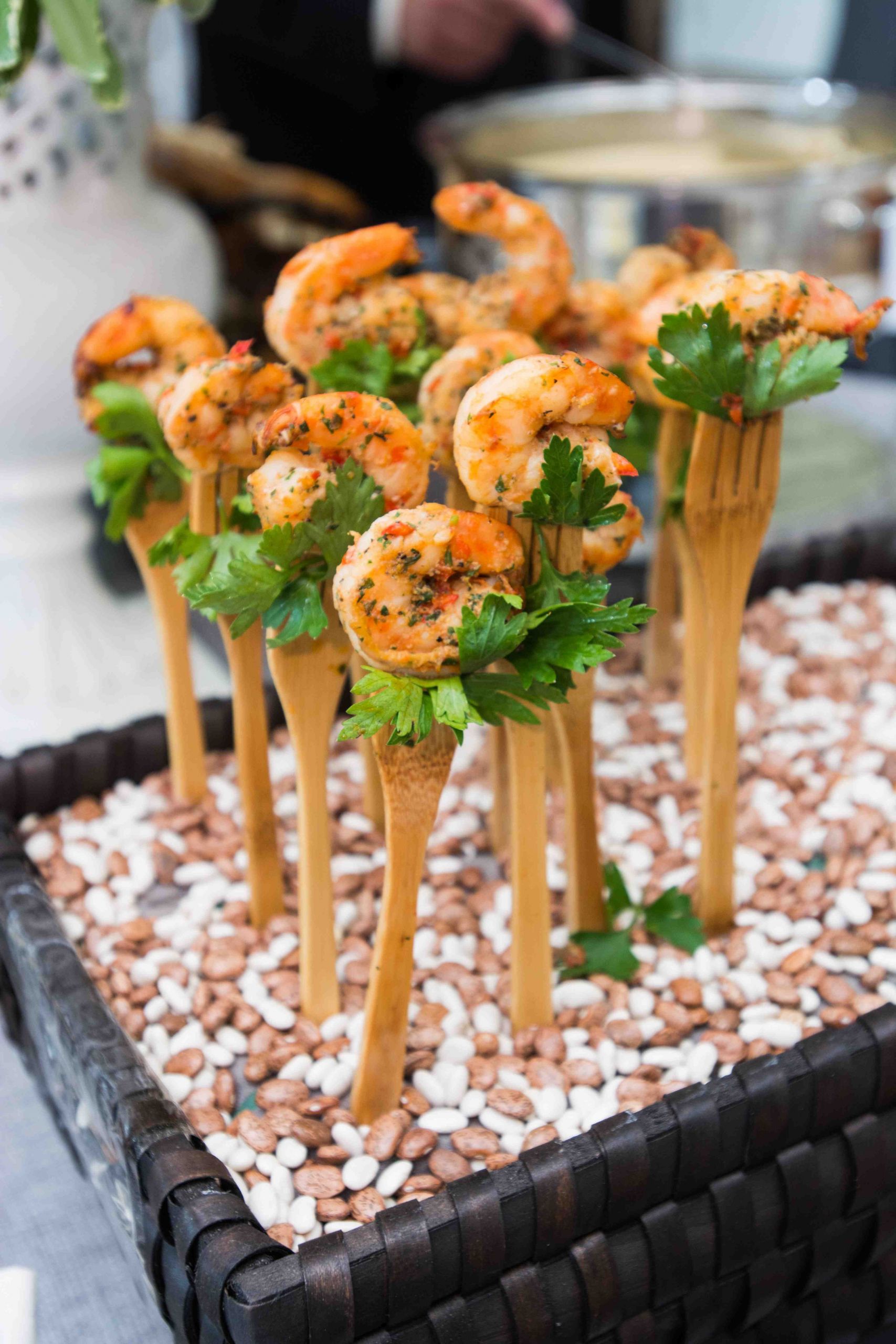 Seafood Appetizer Ideas
 Wooden forks were displayed upright on a bed of beans and