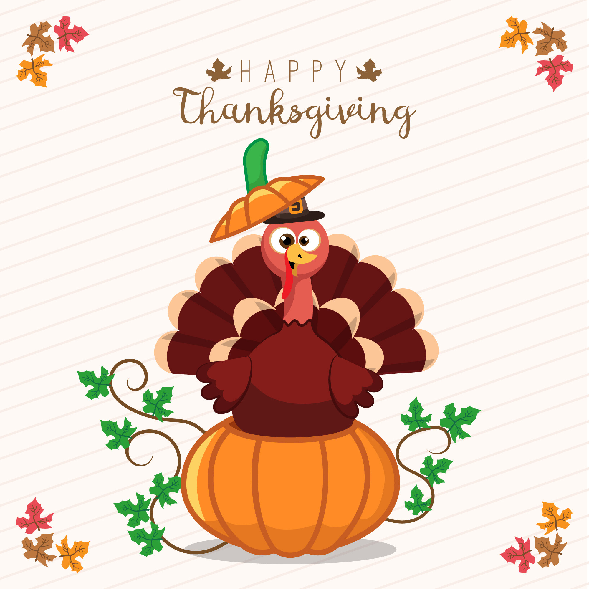 Thanksgiving Turkey Cartoon
 Thanksgiving greeting card with a turkey and pumpkin