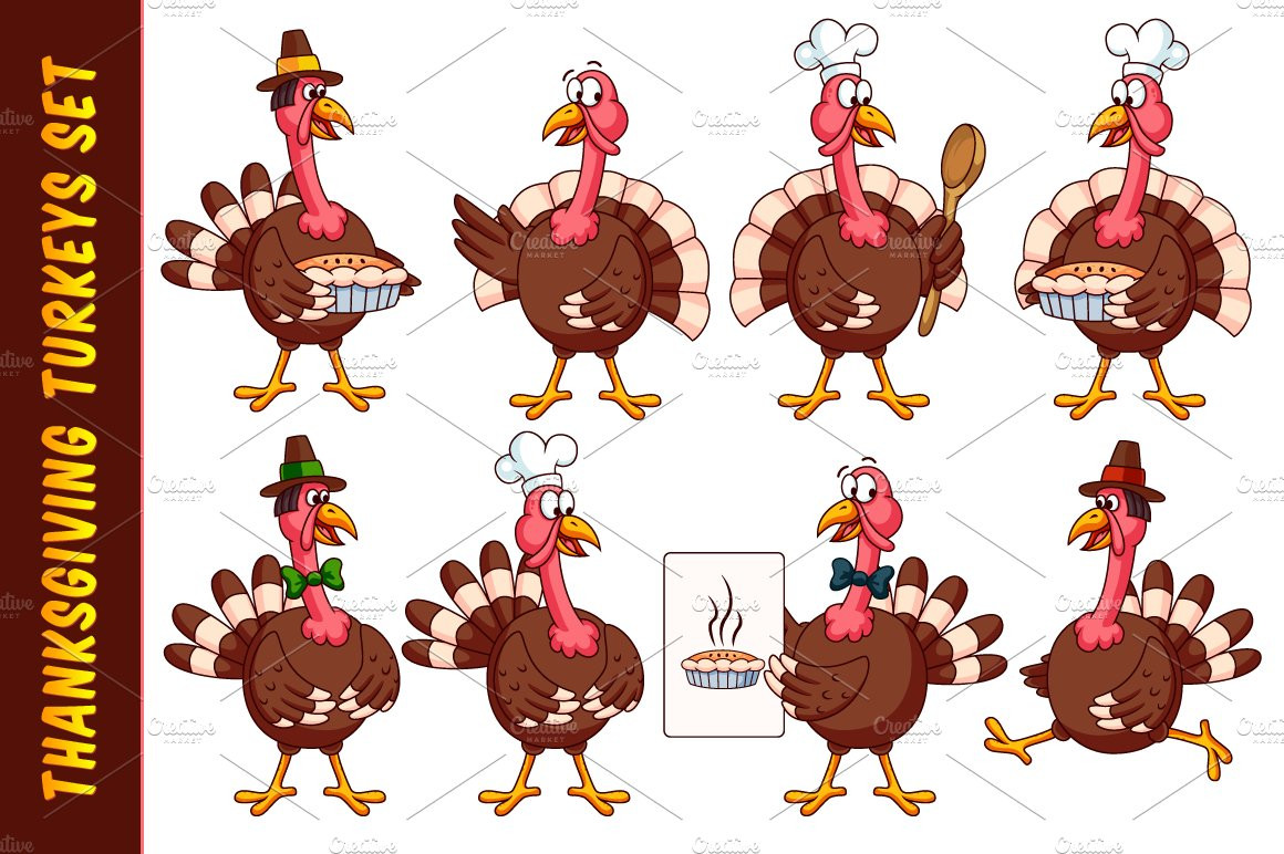 Thanksgiving Turkey Cartoon
 Thanksgiving Cartoon Turkeys Set Illustrations
