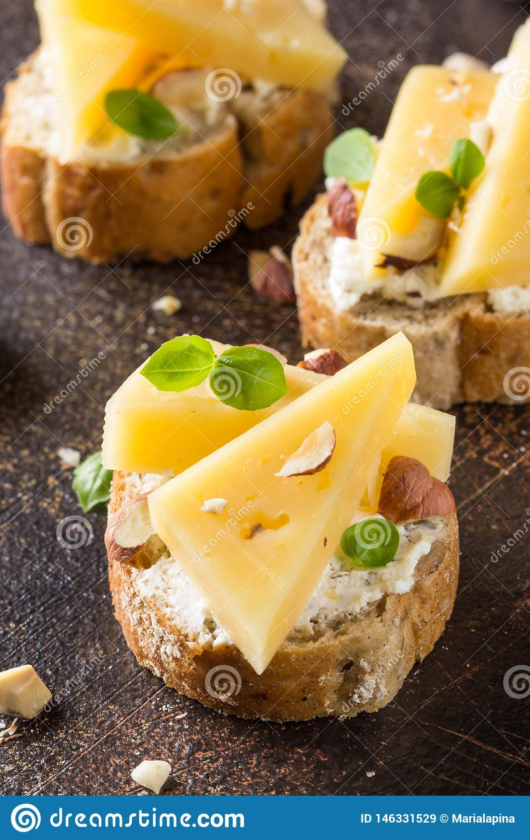 Vegetarian Gourmet Appetizers
 Canapes Bread With Cheese Hazelnuts Basil Delicious