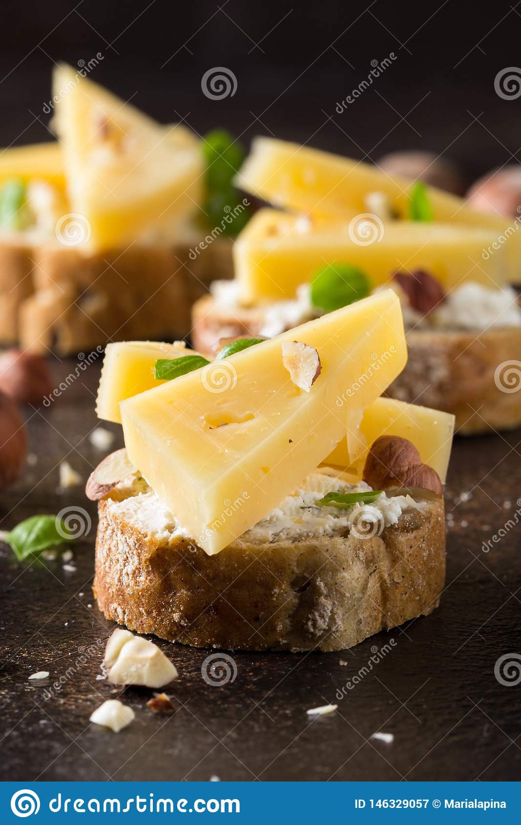 Vegetarian Gourmet Appetizers
 Canapes Bread With Cheese Hazelnuts Basil Delicious