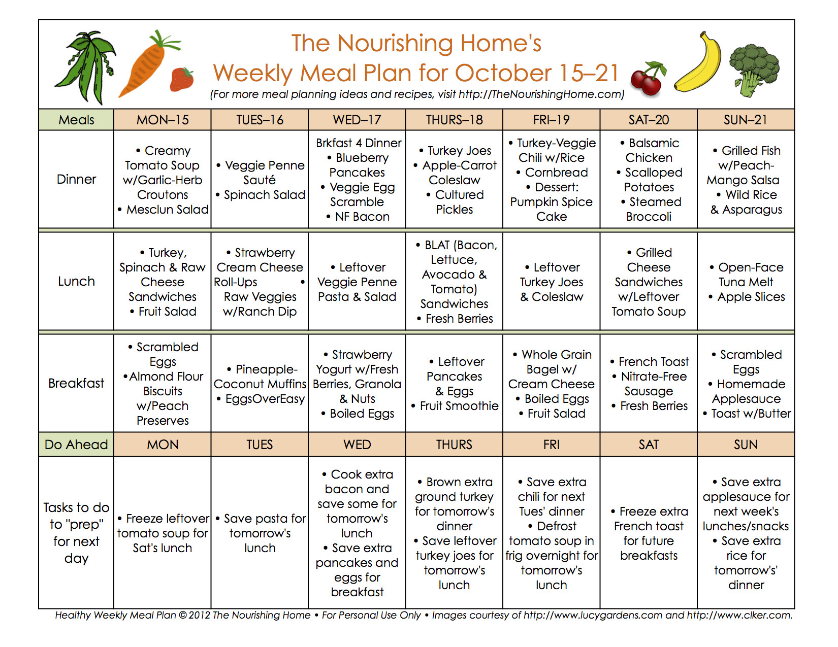 Weekly Dinner Menu Ideas
 Meal Plan Monday October 15–28 The Nourishing Home
