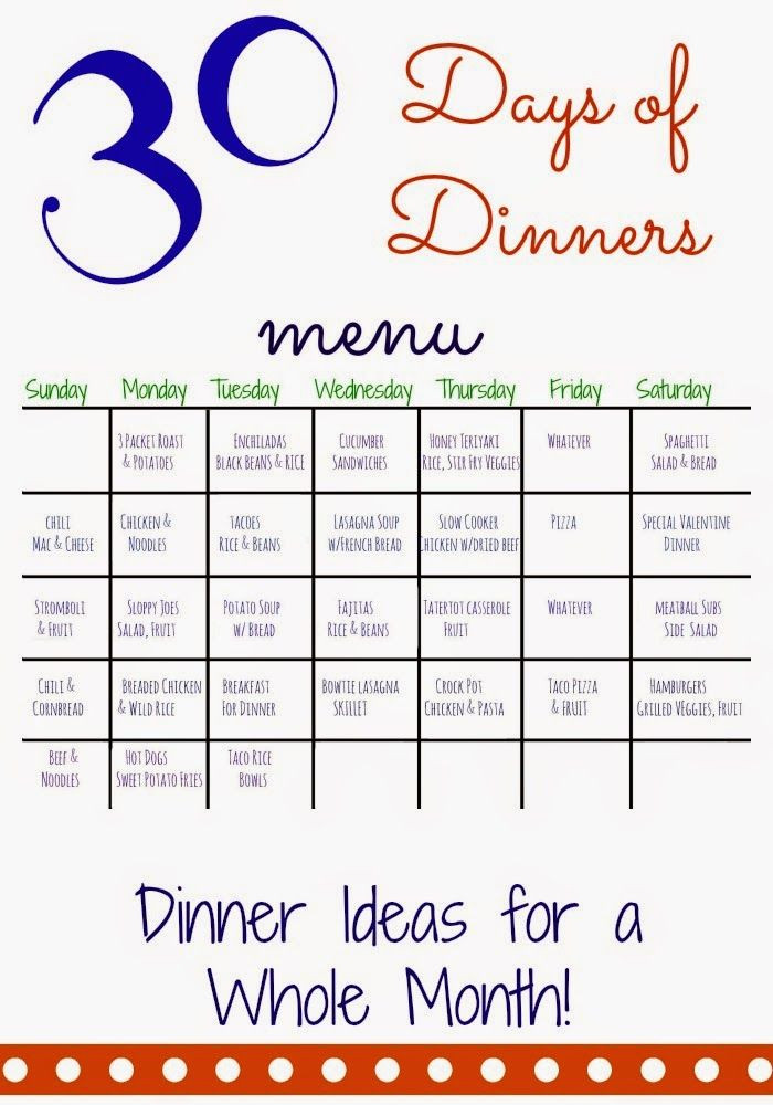 Weekly Dinner Menu Ideas
 30 Days of Dinners Another Month of Meal Planning The