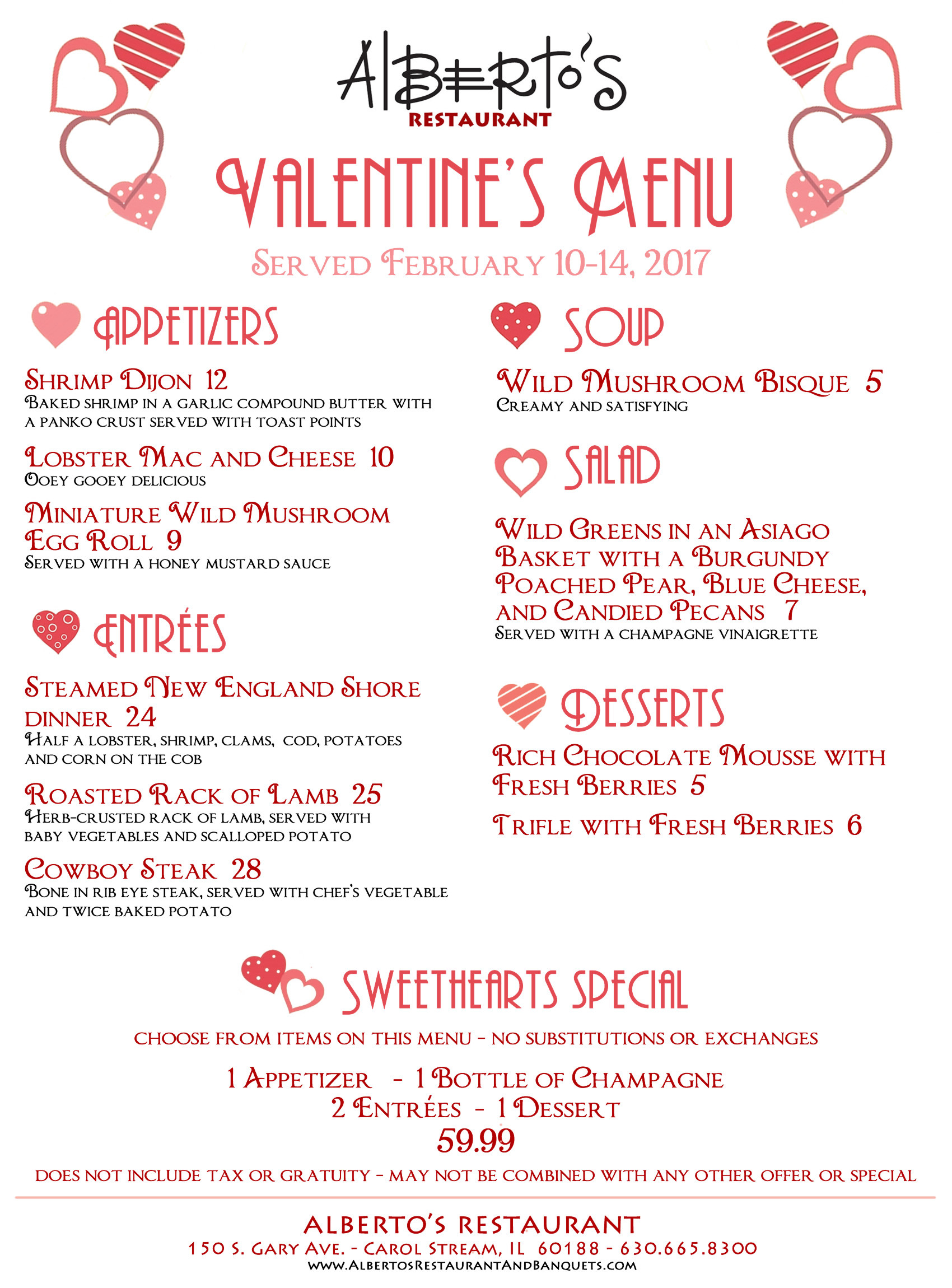 Valentine Day Dinner Menu
 Celebrate Valentine’s Day with A Romantic Dinner for 2 at