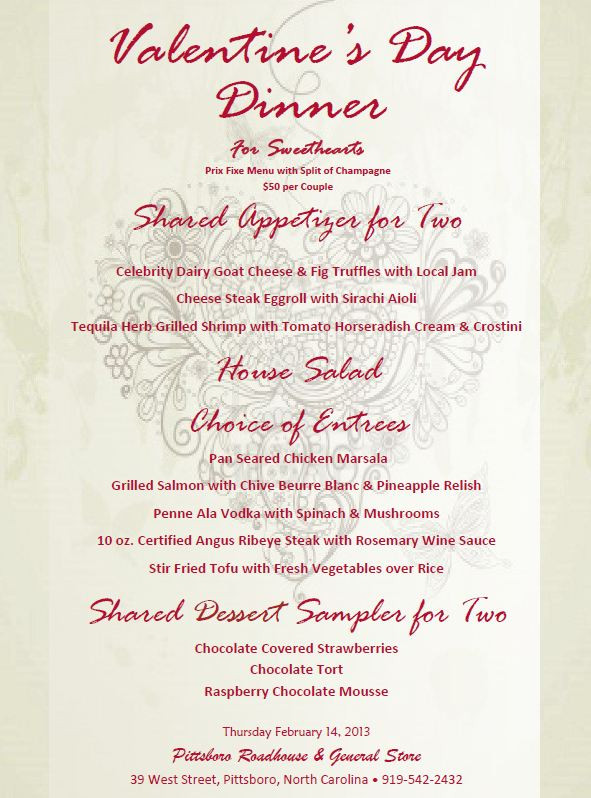 Valentine Day Dinner Menu
 Valentine s Day Dinner for Sweethearts at the Pittsboro