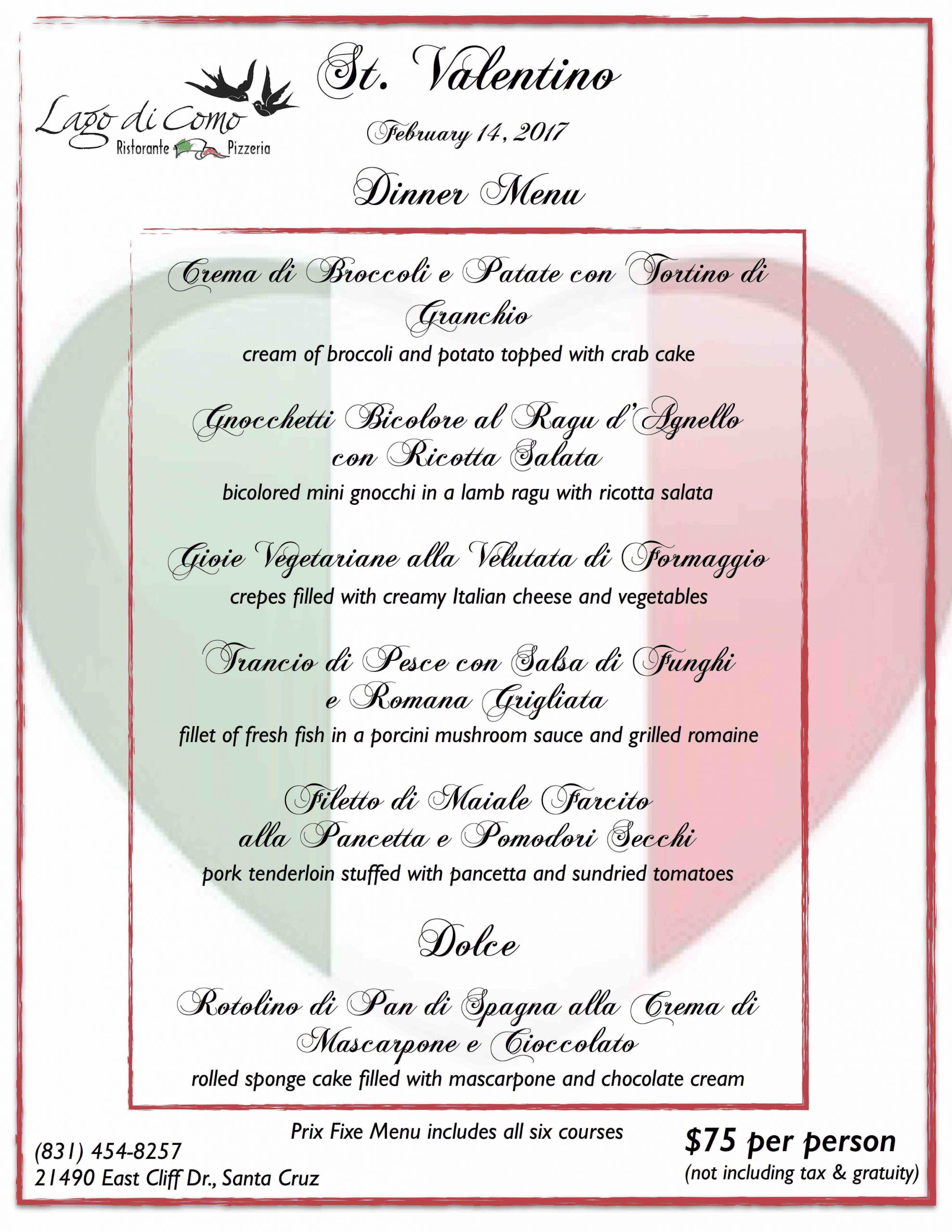 Valentine Day Dinner Restaurant
 Valentine’s Day Dinner Menu 2017 – Lago di o